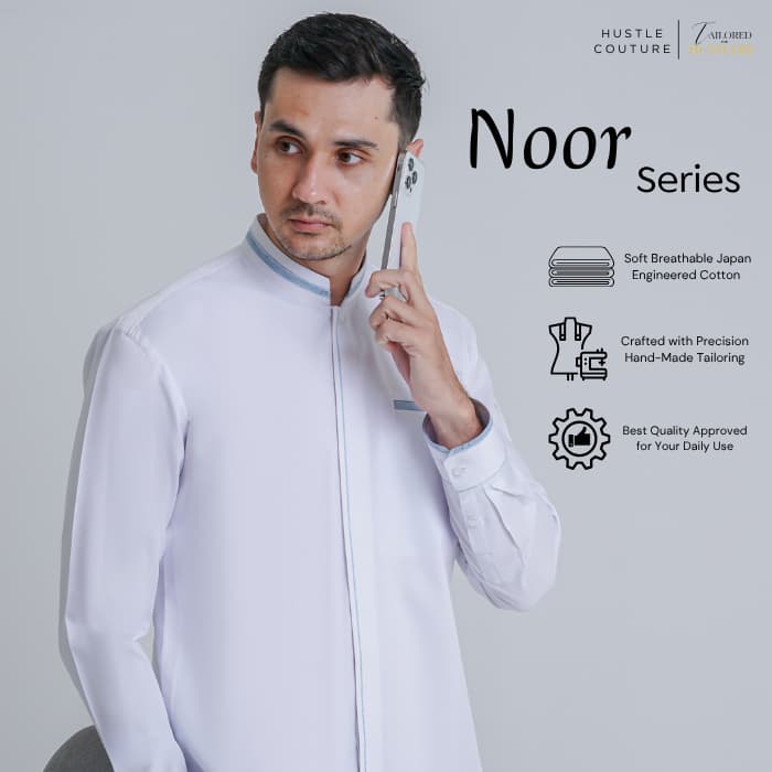Hustle Couture Noor Series – Koko Tailored – Putih Fajar | Baju Koko Katun Pria Premium Slim Fit